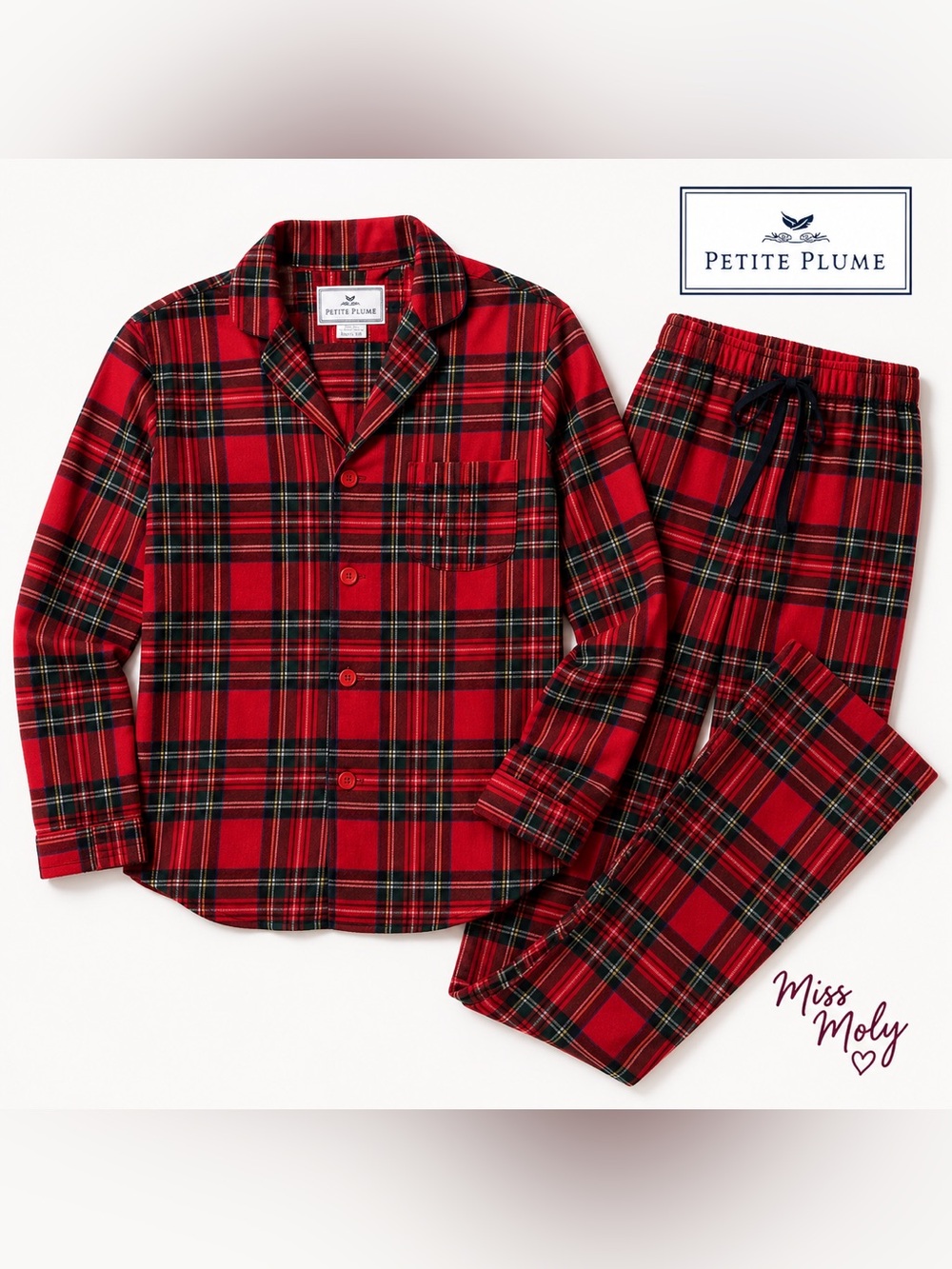 Petite Plume Red Tartan Plaid Cotton Pajama Set Button Front Luxury XS/S